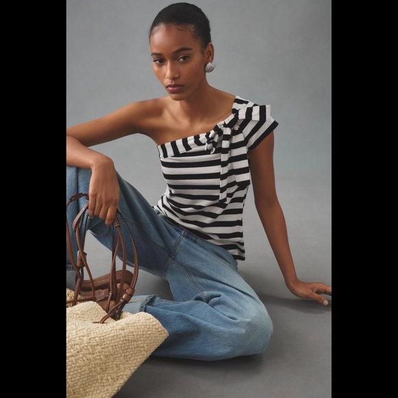 NWT Anthropologie Maeve Striped One-Shoulder Bow Top - Picture 2 of 16